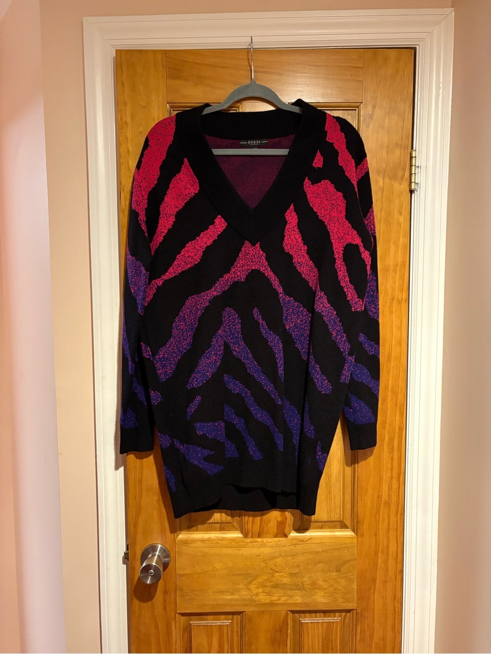 Guess V-Neck Oversized Sweater in Black with Pink & Purple Zebra Print